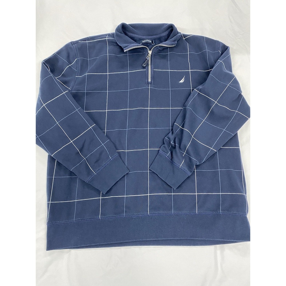 Nautica men's Xxl Navy quarter zip pullover with white windowpane grid pattern